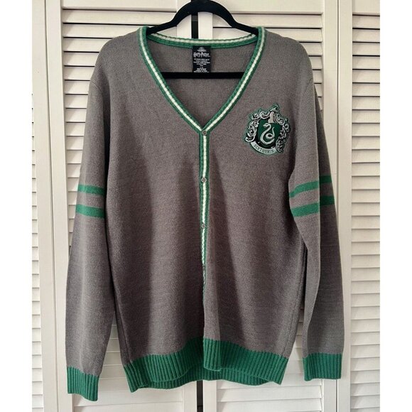 Harry Potter Wool "Slytherin" Sweater Cardigan Size L Gray Green - Picture 1 of 6